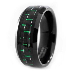 Men's Wedding Band Rings - Black and Green Carbon Fiber - Wedding Rings for Men